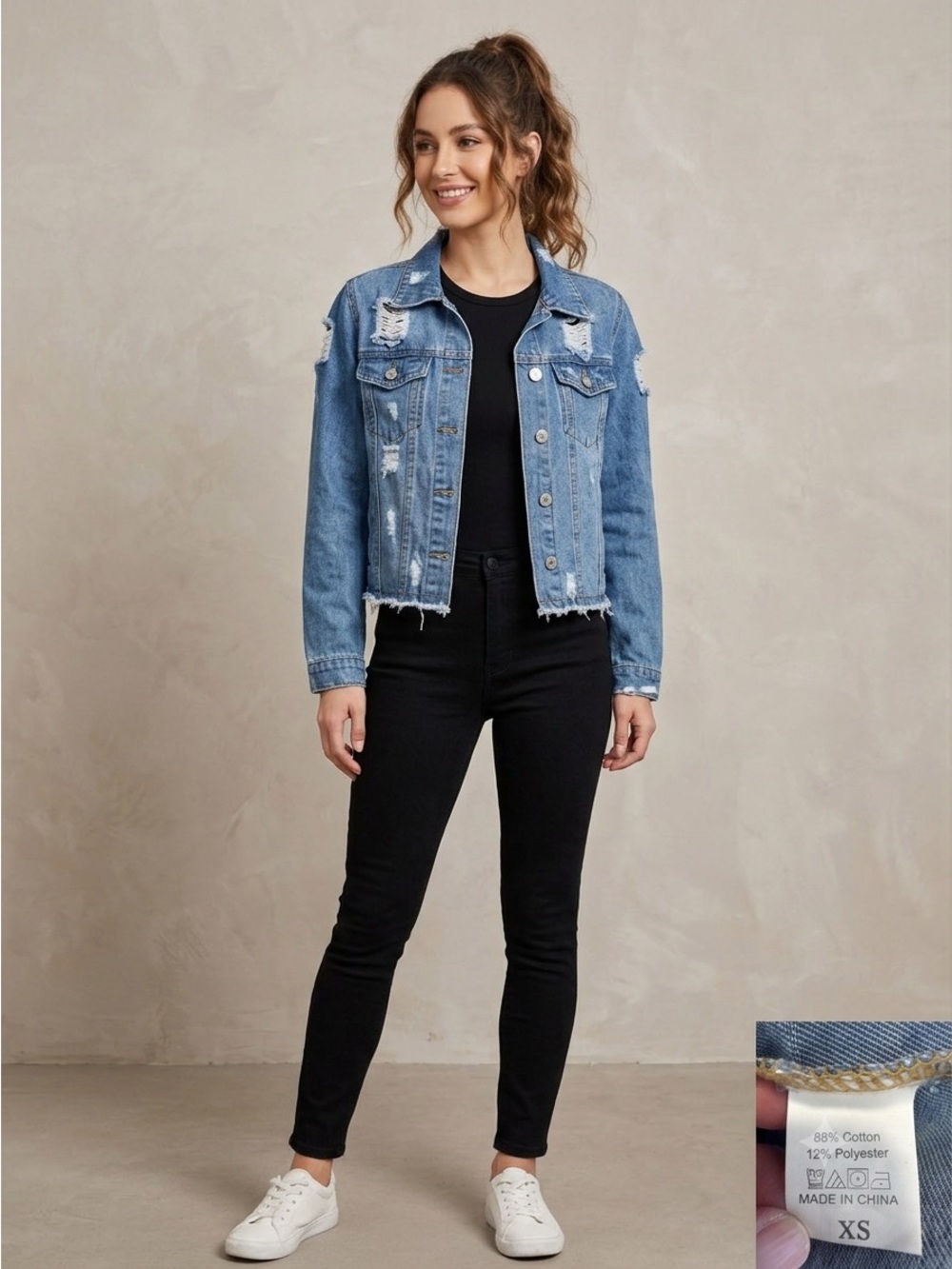 Distressed Cropped Denim Jacket Medium Wash Raw Hem XS